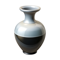 A 3D rendered glossy ceramic vase with a sleek design, featuring a monochrome gradient effect on a transparent background. png