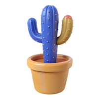 Colorful 3D-rendered cactus in a pot, featuring blue and yellow branches with cartoon-like spikes, set against a transparent background for design versatility. png