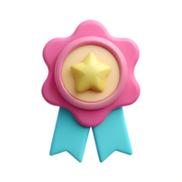 A vibrant 3D-rendered badge featuring a yellow star in the center with a pink border and blue ribbons, set against a transparent background. png