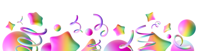 Vibrant, playful footer featuring colorful iridescent stars, spirals and spheres. This lively and festive graphic adds cheerful and dynamic touch to party invitations, banners and digital designs. 3D. png