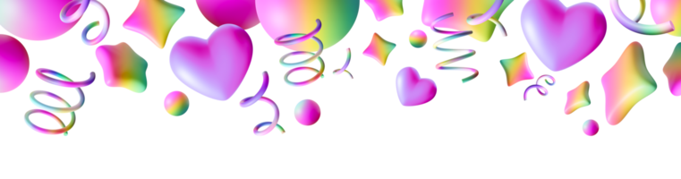 Vibrant, playful header featuring colorful iridescent stars, spirals and spheres. This lively and festive graphic adds cheerful and dynamic touch to party invitations, banners and digital designs. 3D. png
