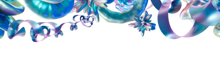 Holographic header featuring abstract, iridescent shapes. Modern, futuristic graphic element, perfect for digital art projects, banners and event designs. Unique metallic and reflective aesthetic. 3D. png