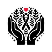 hands holding a ribbon and a red heart, hands holding a globe with various medical symbols design for a world health. aids. cancer. day, hand holding a tree with arrows, vector