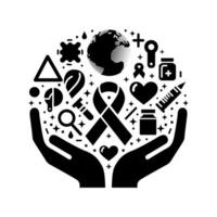 hands holding a globe with various medical symbols design for a world health. aids. cancer. day, vector