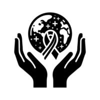 hands holding a globe with a ribbon around it icon deign for a world health. aids. cancer. day,, hand and symbol of peace vector
