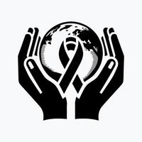 hands holding a globe with a ribbon around it icon deign for a world health. aids. cancer. day,, hand and symbol of peace vector