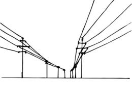 Hand-drawn ink simple drawing. Poles with electrical wires, perspective, horizon, black outline on a white background. Connection, electrification. vector