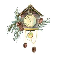 Wooden clock with pendulum and dial in the form of a house with gold beads pine branches and cones. Watercolor illustration New Year Christmas hand drawn. Sublimation isolated from the background vector