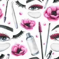 Cosmetics and brushes for eyes and eyebrows, tubes with pink anemone flowers. Watercolor illustration hand drawn. Seamless pattern on a white background. For eyelash extension and lamination vector