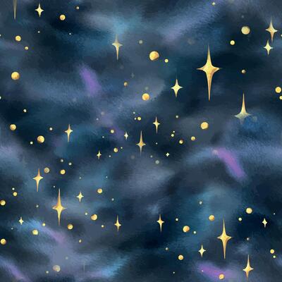 Night sky dark blue with clouds and nebulae, paint spots, ink with golden stars and shimmer. Hand drawn watercolor illustration. Seamless texture pattern.