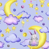 A cute gray bunny stitched sits and sleeps on a yellow moon with hanging stars, dots, clouds. Watercolor illustration, hand drawn. Seamless pattern on a lilac background vector