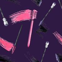 Brushes for combing eyelashes and eyebrows with a smear of black and pink paint, mascara. Watercolor illustration, hand drawn. Seamless pattern on a dark purple background vector