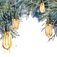 Retro Edison bulbs hanging with pine branches against the night sky with stars and lights. Watercolor illustration New Year Christmas hand drawn. Template, frame, isolated from background. vector