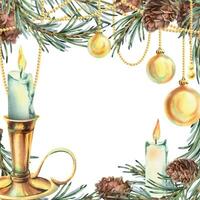 Golden beads with Christmas balls hanging with pine branches, cones and candles. Watercolor illustration New Year Christmas hand drawn. Template, frame, isolated from background. vector