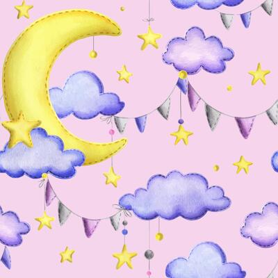 A cute stitched yellow moon with hanging stars, garland flags, dots, clouds. Watercolor illustration, hand drawn. Seamless pattern on a pink background