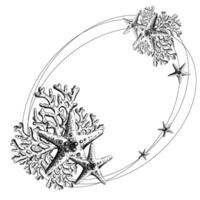 Starfish with coral branches. Hand drawn graphic illustration in black and white color line art. Oval frame, wreath, text placeholder on a marine theme vector