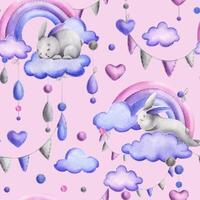 Cute bunny, sewn from fabric with thread stitches, sleeping on a rainbow with clouds and hanging raindrops. Watercolor illustration hand drawn. Seamless pattern on a pink background. vector