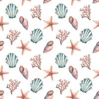 Seamless pattern, marine with corals, shells and starfish on a white background. Watercolor illustration from a large set of JELLYFISH AND SEAHORSE. For fabric, textiles and wallpaper vector