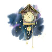Wooden clock with a pendulum in the form of a house with golden beads on the background of the night sky Watercolor illustration New Year Christmas hand drawn. Sublimation isolated from the background vector