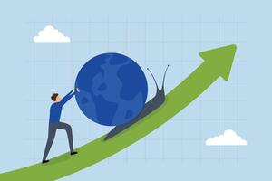 Global economic slowdown, businessman is using a slow snail to represent the gradual growth of GDP in the world economy. vector