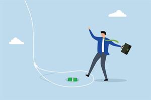 Money trap to trick greed people, greedy businessman attempts to navigate tricky rope trap in order to obtain bundle of money banknotes. vector