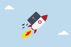 Rocket filled with gallons of crude oil soaring high in the sky serves as a metaphor for increasing prices. vector