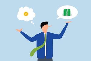 Exaggeration lying about investment profit, Businessman deceives by boasting about large profits while actually focusing on small amounts of money. vector