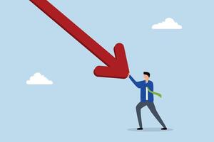 Resilience to survive investment crash, businessman exerting maximum effort to push downward falling arrow. vector