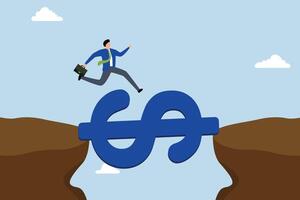 Money to rescue, The businessman leaps over a gap in the cliff by crossing a bridge adorned with dollar signs while holding money. vector