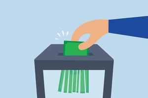 Money shred bad investment, businessperson is manually inserting banknotes into a shredder in order to destroy them, resulting in the loss of all their wealth. vector