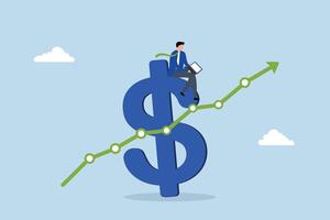 Revenue growth, Businessman using a laptop on top of a dollar sign with an upward trending graph. vector