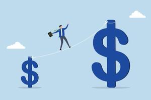 Investment growth high risk high reward, Businessman, investor, acrobat transitions from small dollar to larger one while walking. vector