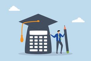 Student loan calculation, A graduate is standing with mortar board hat and calculator. vector