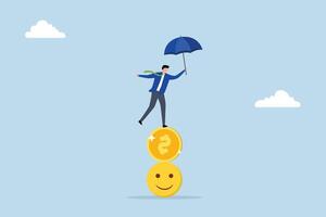 Balance between money and happiness, Businessman with an umbrella balancing on top of a pile of smiley faces and dollar coins. vector
