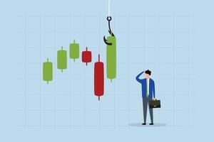 Candlestick signal to buy or sell in crypto trading, Businessman trader is contemplating while studying a green graph with a fishing lure. vector