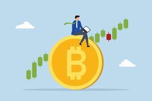 Bitcoin and cryptocurrency investing, business investor is using a computer to engage in cryptocurrency trading on the prominent Bitcoin platform, utilizing a candlestick price graph chart. vector