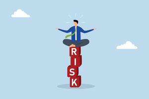 Risk management, businessman investor calmly focuses on a pile with the word RISK while meditating. vector