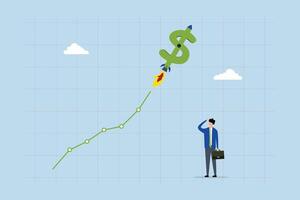 US Dollar value rising due to interest rate hike, Businessman investor observes as the dollar sign soars like a rocket on the exchange chart. vector