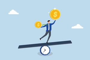Time value of money, Business investor holding various coins of different sizes on a clock shaped seesaw. vector