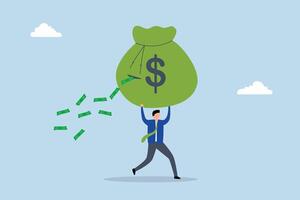 Lose money from investment mistake, businessman is carrying a large money bag that has a big hole, causing banknotes to fall out. vector