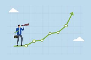 Investment upside potential, Businessman gazes through telescope to observe investment graph ascending. vector