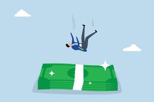 Insurance, Unsuccessful entrepreneur landing on large pile of cash for protection. vector
