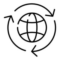 Planet Earth and reuse, recycle or renew icon. Black linear sign, editable stroke. Concept of ecology, sustainability, reduce. Eco symbol for web design, print, logo, label vector