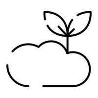 Eco cloud sign with sprout. Black line icon, editable stroke. Symbol of ecology, sustainability, CO2 emission reduction, zero waste. Concept for web design, print, logo, label vector
