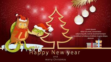 Illustration of the New Year and Christmas a snake and an Owl in Santa Claus hats next to a spruce tree in the form of a contour vector