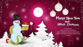 Illustration of the New Year and Christmas A snake wraps around a Snowman at night in a snowy clearing among the trees vector