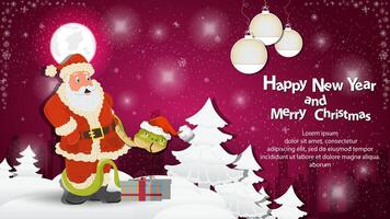 Illustration of the New Year and Christmas A snake wraps around Santa Claus in a snowy clearing among the trees vector