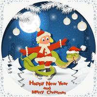 Illustration of the New Year and Christmas A snake wraps around a girl in skates among fir trees in the snow in a clearing vector