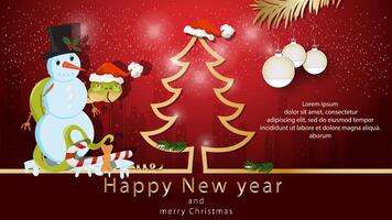Illustration of the New Year and Christmas A snake wraps around a Snowman next to a spruce tree in the form of a contour vector