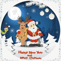 Illustration of the New Year and Christmas A deer and Santa hugging among the fir trees in the snow in a clearing vector